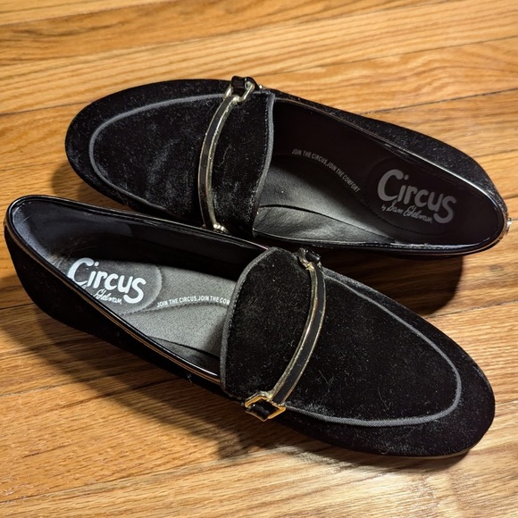 Circus by Sam Edelman Black Velvet Loafers with Gold Hardware - Picture 2 of 4
